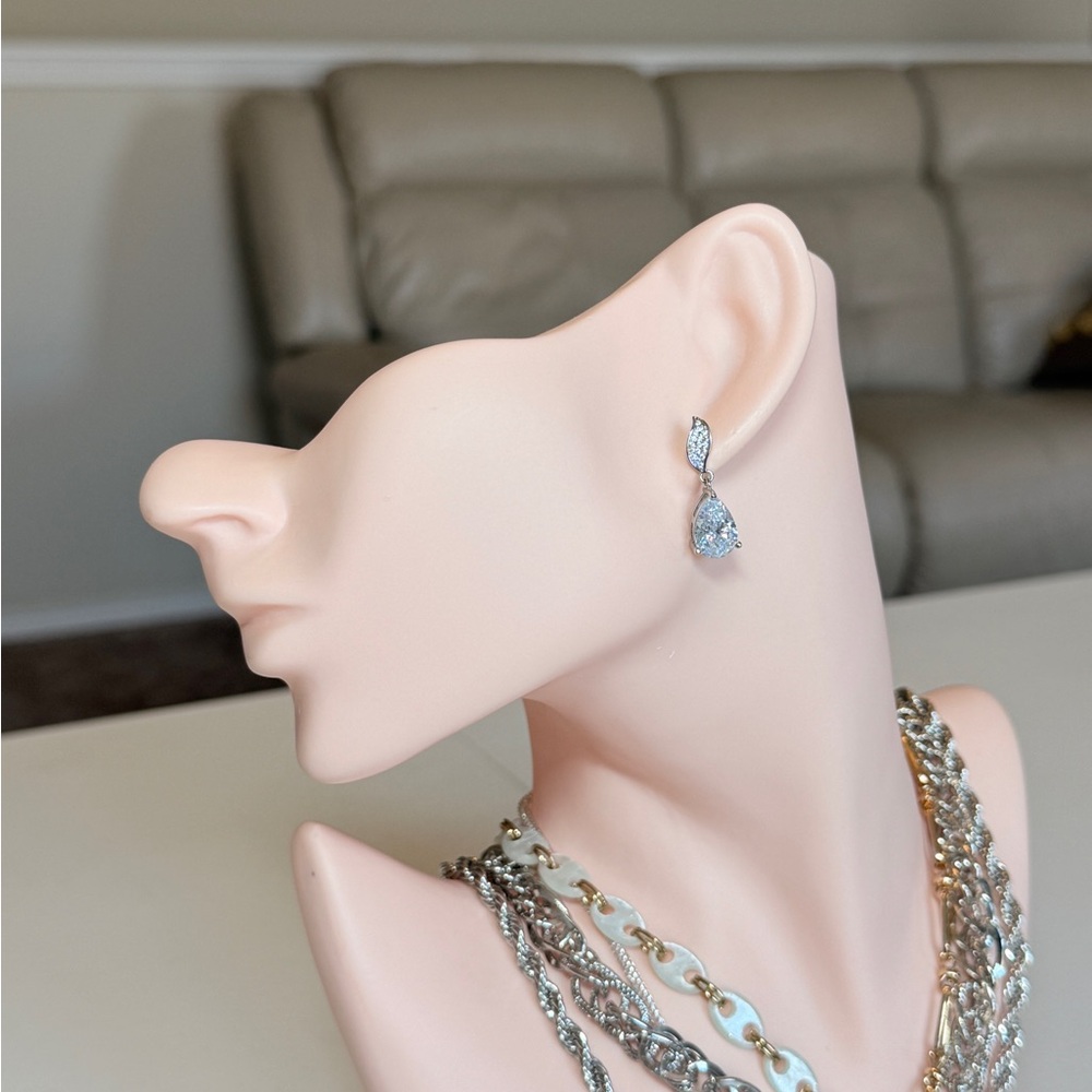 Silver Teardrop Crystal Drop Earrings - Picture 3 of 11